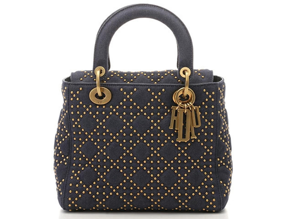 Christian Dior Shoulder Bag Handbag Lady Studded Denim Blue Navy Blue